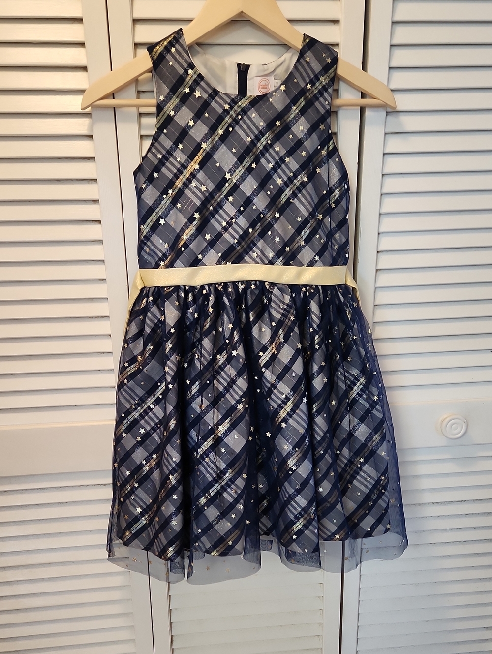 wonder nation Navy Plaid Dress with Gold Waistband